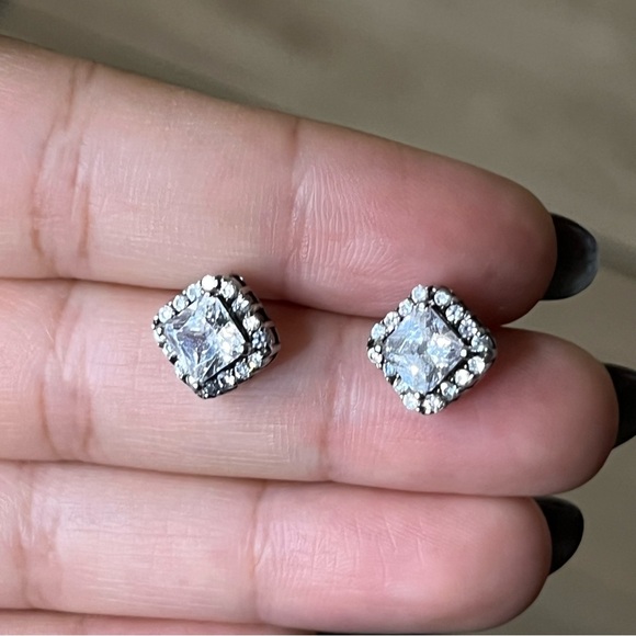 Princess Cut CZ Diamond Square Halo Studs Dainty Small Earrings Jewelry Accessor - Picture 11 of 16